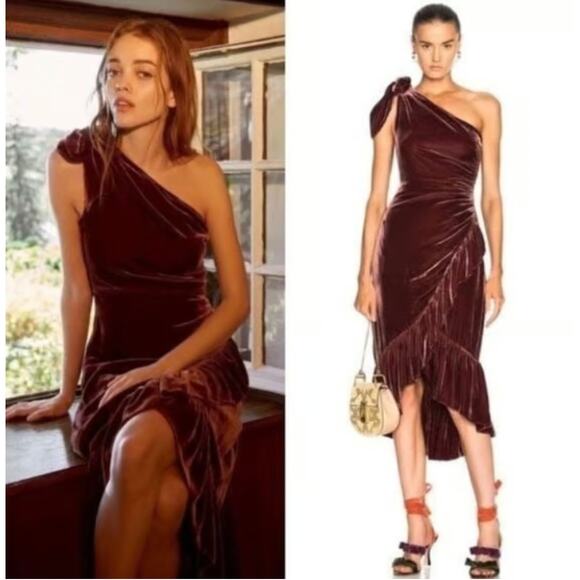 Ulla Johnson x Revolve 2 Elisa Velvet Ruffle Midi Dress One Shoulder Bow Brown - Picture 10 of 10